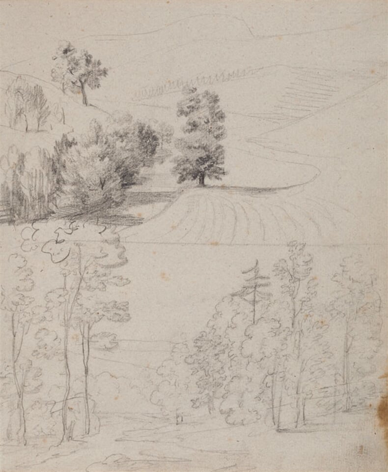 List z náčrtníku A - dvě studie krajin