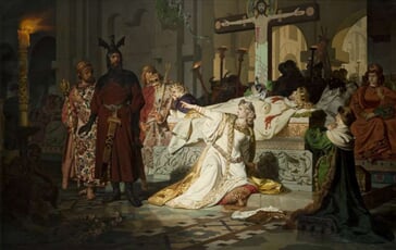 Kriemhildina žaloba - Kriemhilda obviňuje Gunthera a Hagena ze zavraždění svého muže Siegfrieda