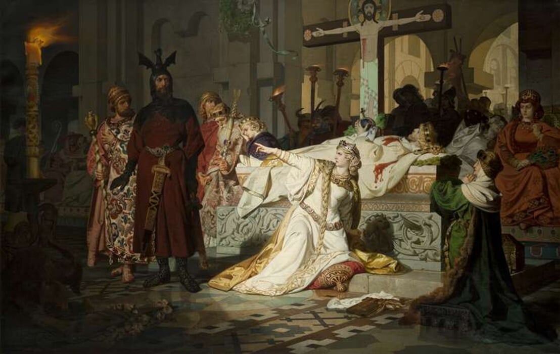 Kriemhildina žaloba - Kriemhilda obviňuje Gunthera a Hagena ze zavraždění svého muže Siegfrieda