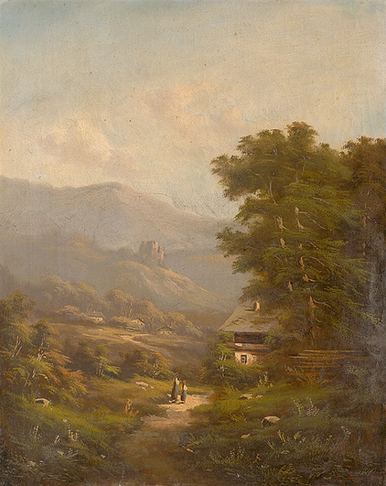 Krajina s horskou cestou a zrúcaninou hradu