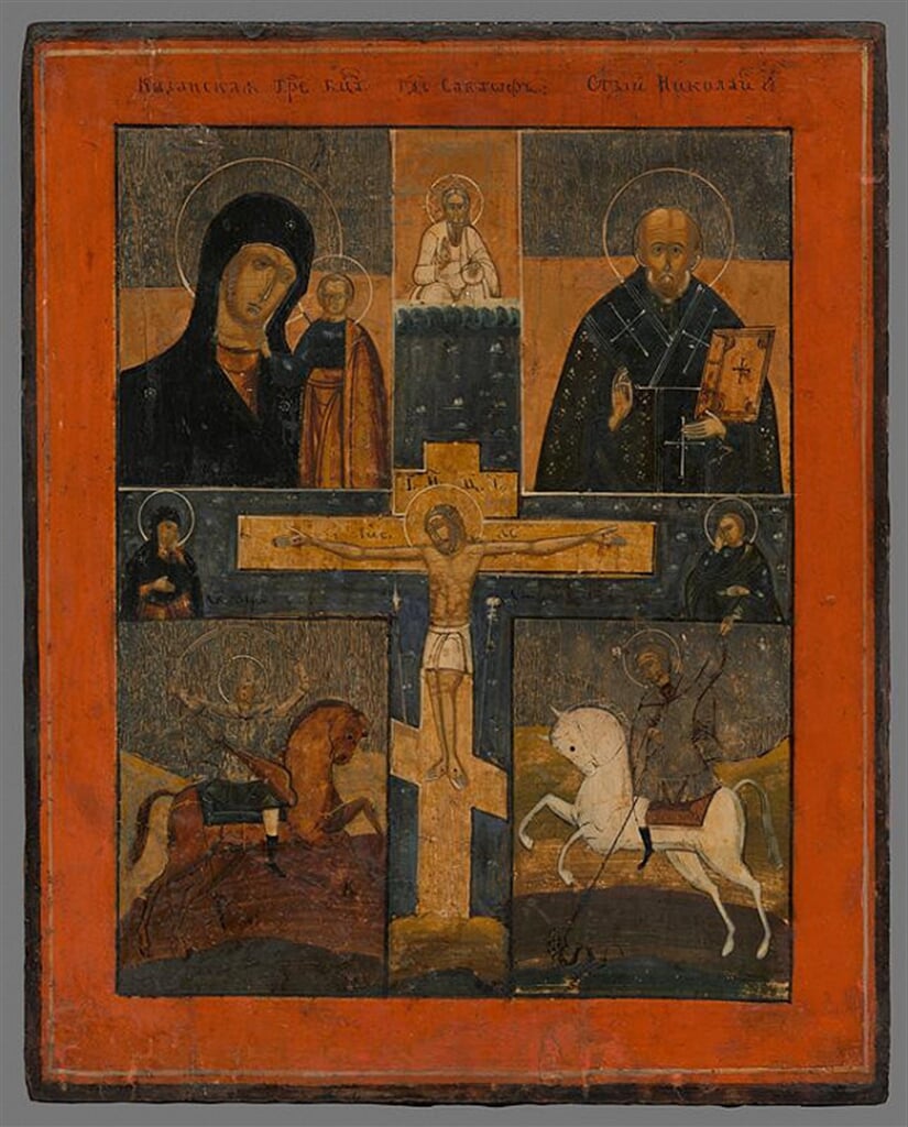Ikona-Ukrižovanie s kazaňskou bohorodičkou,sv.Mikulášom,sv.Jurajom a Dimitrij