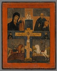 Ikona-Ukrižovanie s kazaňskou bohorodičkou,sv.Mikulášom,sv.Jurajom a Dimitrij