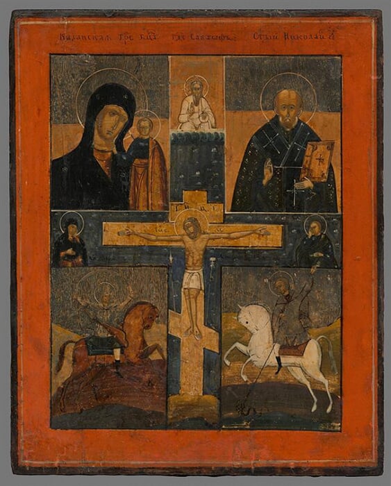 Ikona-Ukrižovanie s kazaňskou bohorodičkou,sv.Mikulášom,sv.Jurajom a Dimitrij