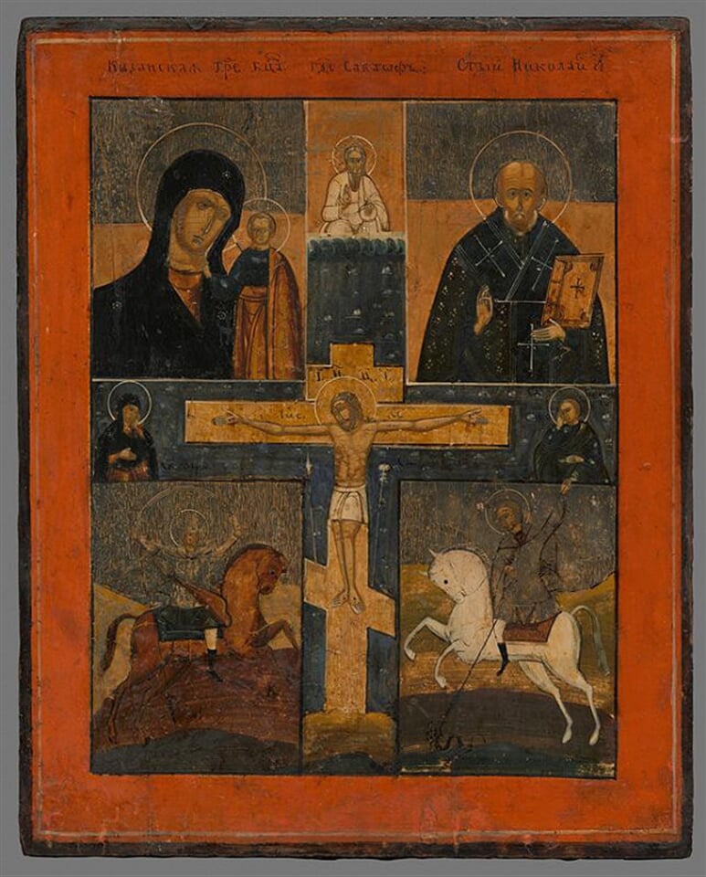 Ikona-Ukrižovanie s kazaňskou bohorodičkou,sv.Mikulášom,sv.Jurajom a Dimitrij