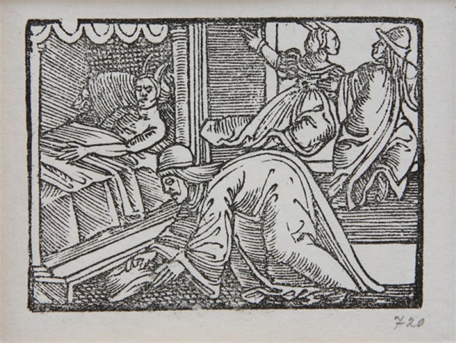 Ležiaca žena s rohmi v prítomnosti muža, ktorý kladie pod lavicu klobúk a dvojice, ktorá odlieta okonom. - Ilustrácia k histórii o Fortunatovi