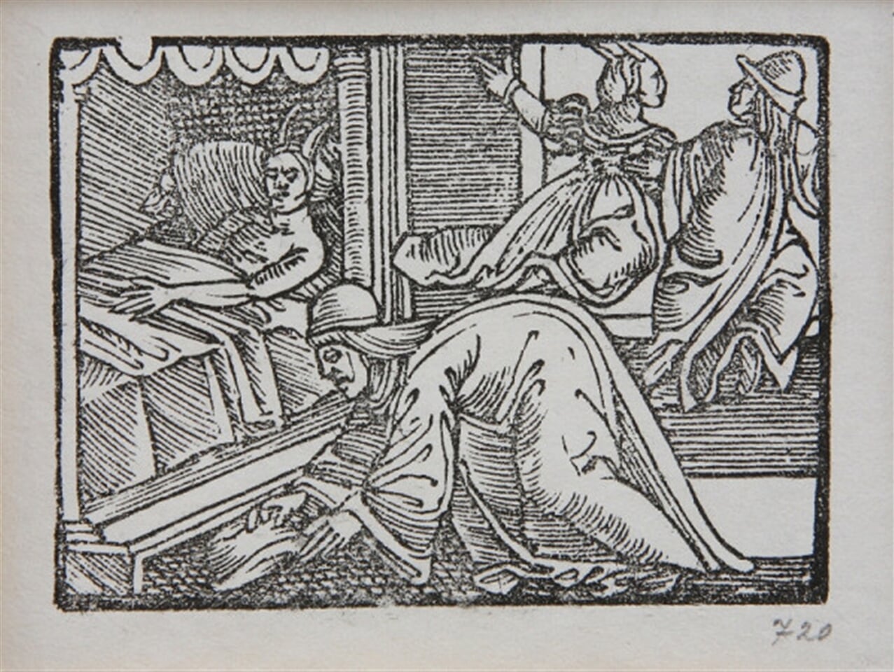 Ležiaca žena s rohmi v prítomnosti muža, ktorý kladie pod lavicu klobúk a dvojice, ktorá odlieta okonom. - Ilustrácia k histórii o Fortunatovi