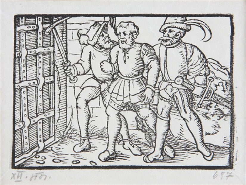 Dvaja rytieri vedú zajatého šľachtica - Ilustrácia k histórii o Fortunatovi