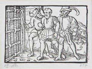 Dvaja rytieri vedú zajatého šľachtica - Ilustrácia k histórii o Fortunatovi