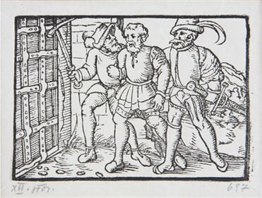 Dvaja rytieri vedú zajatého šľachtica - Ilustrácia k histórii o Fortunatovi