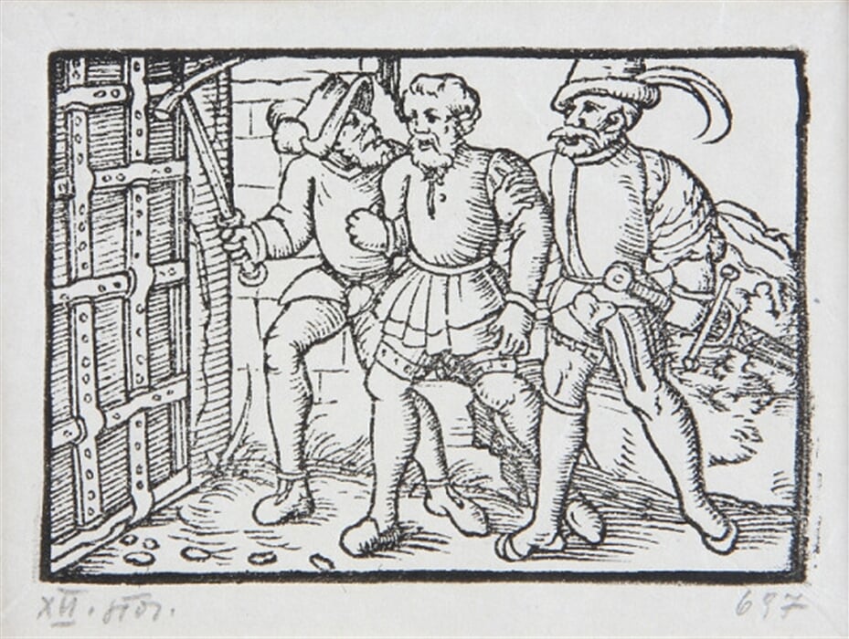 Dvaja rytieri vedú zajatého šľachtica - Ilustrácia k histórii o Fortunatovi