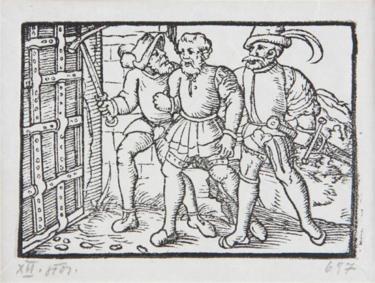 Dvaja rytieri vedú zajatého šľachtica - Ilustrácia k histórii o Fortunatovi