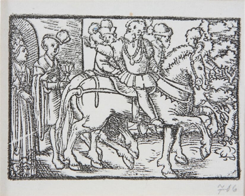 Rozlúčka kniežaťa s manželkou pri hradnej bráne v doprovode dvoch jazdcov. - Ilustrácia k histórii o Valterovi a Grizelde