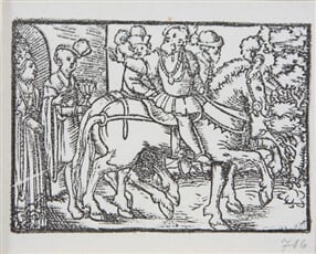 Rozlúčka kniežaťa s manželkou pri hradnej bráne v doprovode dvoch jazdcov. - Ilustrácia k histórii o Valterovi a Grizelde