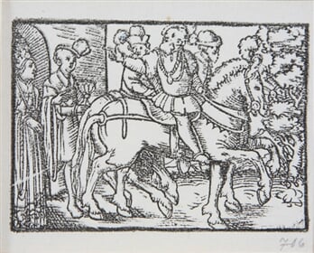Rozlúčka kniežaťa s manželkou pri hradnej bráne v doprovode dvoch jazdcov. - Ilustrácia k histórii o Valterovi a Grizelde