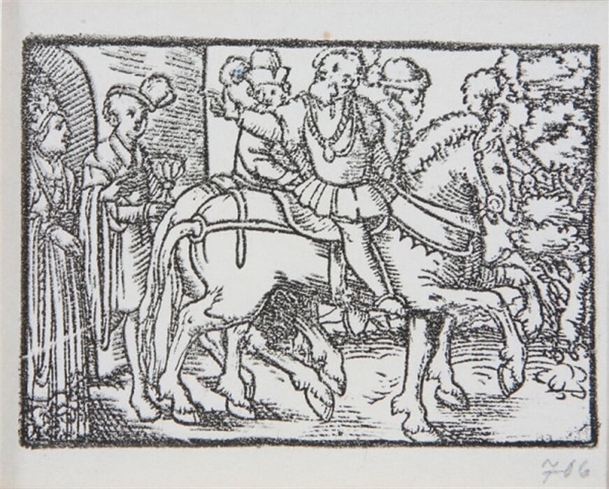 Rozlúčka kniežaťa s manželkou pri hradnej bráne v doprovode dvoch jazdcov. - Ilustrácia k histórii o Valterovi a Grizelde