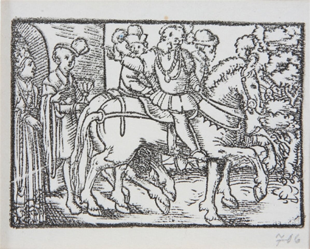 Rozlúčka kniežaťa s manželkou pri hradnej bráne v doprovode dvoch jazdcov. - Ilustrácia k histórii o Valterovi a Grizelde