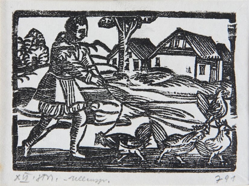 Muž vedúci na povrázku hydinu - Ilustrácia k príbehom Tilla Eulenspiegla