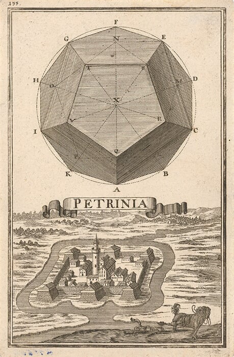 Geometrická figúra a pohľad na pevnosť Petrinia (Petrinja)