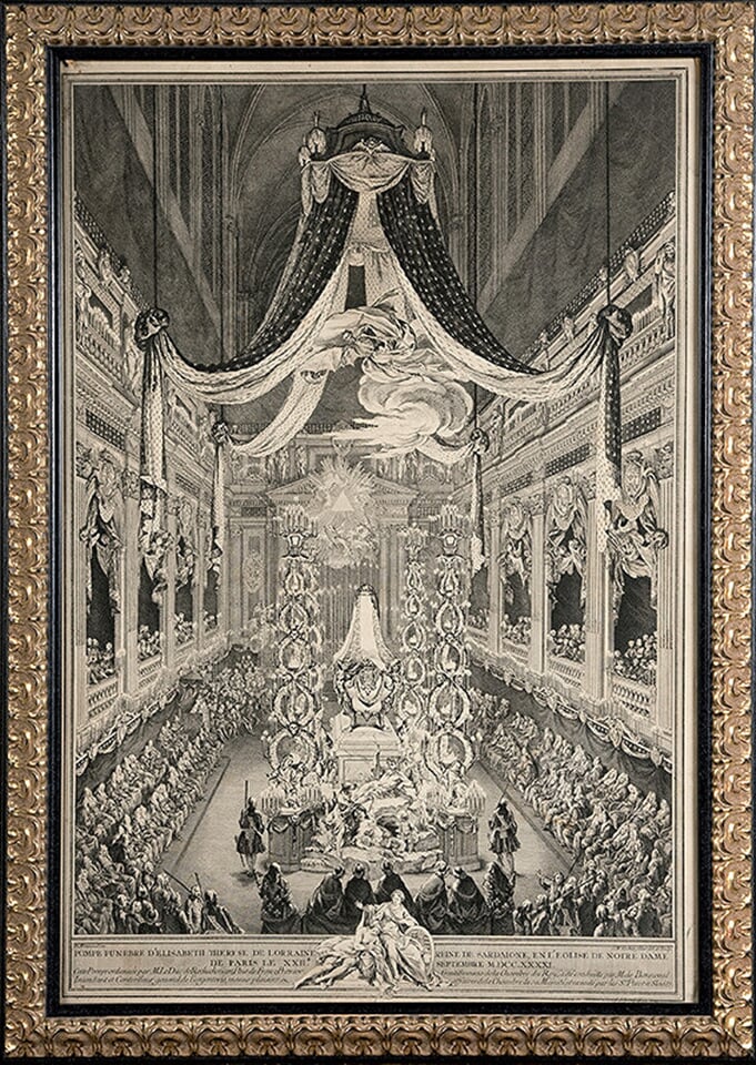 Pohrebná slávnosť zosnulej Alžbety Terézie Lotrinskej v Kostole Notre Dame v Paríži dňa 22. septembra 1741.  