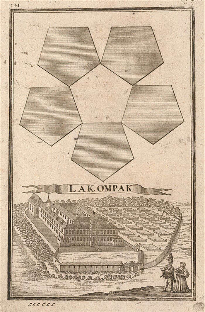 Geometrická figúra a pohľad na kaštieľ Lakompak (Lackenbach)