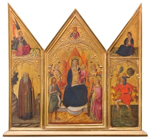 Triptych s P. Marií a dítětem na trůnu - střed domácího oltáříku: P. Marie se sv. Janem Křtitelem, sv. Kateřinou a anděli