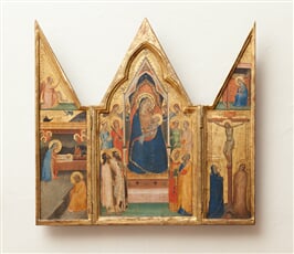 Triptych s Trůnící Pannou Marií s dítětem s anděly, světicemi a světci