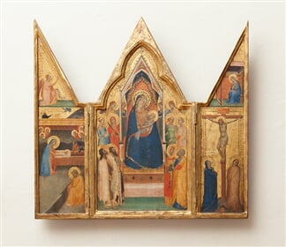 Triptych s Trůnící Pannou Marií s dítětem s anděly, světicemi a světci