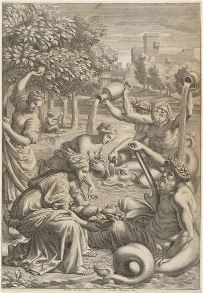 Hesperidky nabízejí své citrusy bohu jezera Garda, ilustrace pro G. B. Ferrari, Hesperides... (Řím 1646)