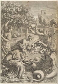 Hesperidky nabízejí své citrusy bohu jezera Garda, ilustrace pro G. B. Ferrari, Hesperides... (Řím 1646)