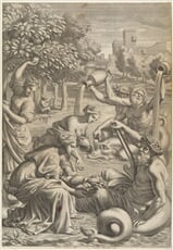 Hesperidky nabízejí své citrusy bohu jezera Garda, ilustrace pro G. B. Ferrari, Hesperides... (Řím 1646)