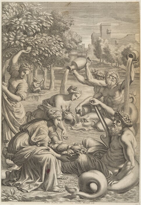 Hesperidky nabízejí své citrusy bohu jezera Garda, ilustrace pro G. B. Ferrari, Hesperides... (Řím 1646)