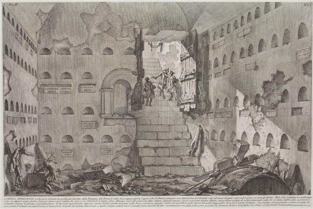Pohled do hrobky poblíž mauzolea rodiny L. Arruntia, z alba Le Antichita Romane II, tab. XVI