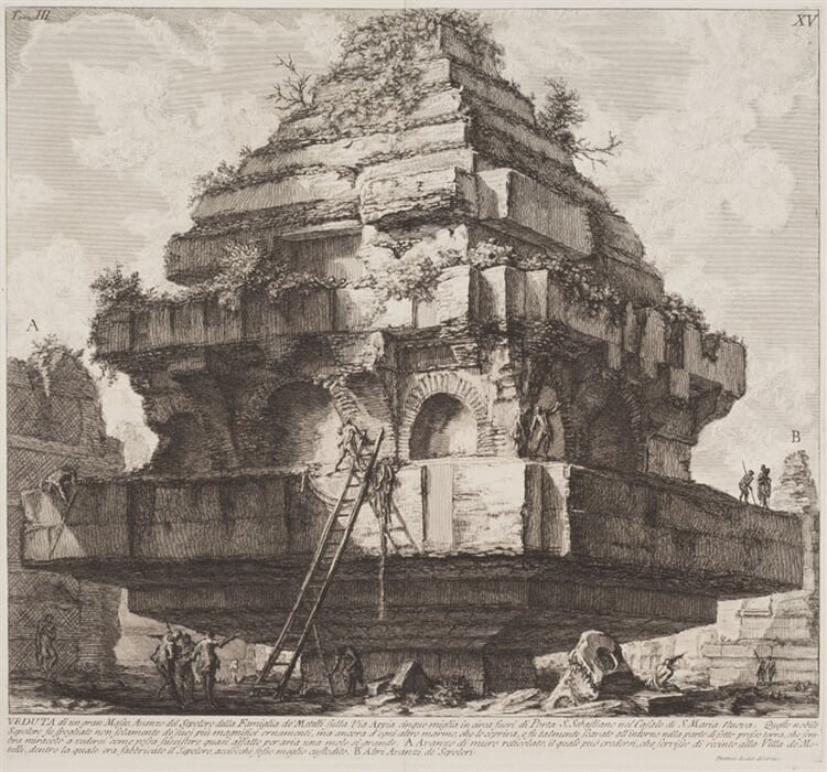 Pohled na velký masiv, ruinu hrobky rodiny Metellů na Via Appia, z alba Le Antichita Romane III, tab. XV