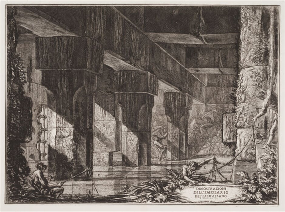 Vyobrazení výpusti z jezera Albano - Vodní peklo, z alba Descrizione e Disegno dell'Emissario del Lago Albano, tab. VI