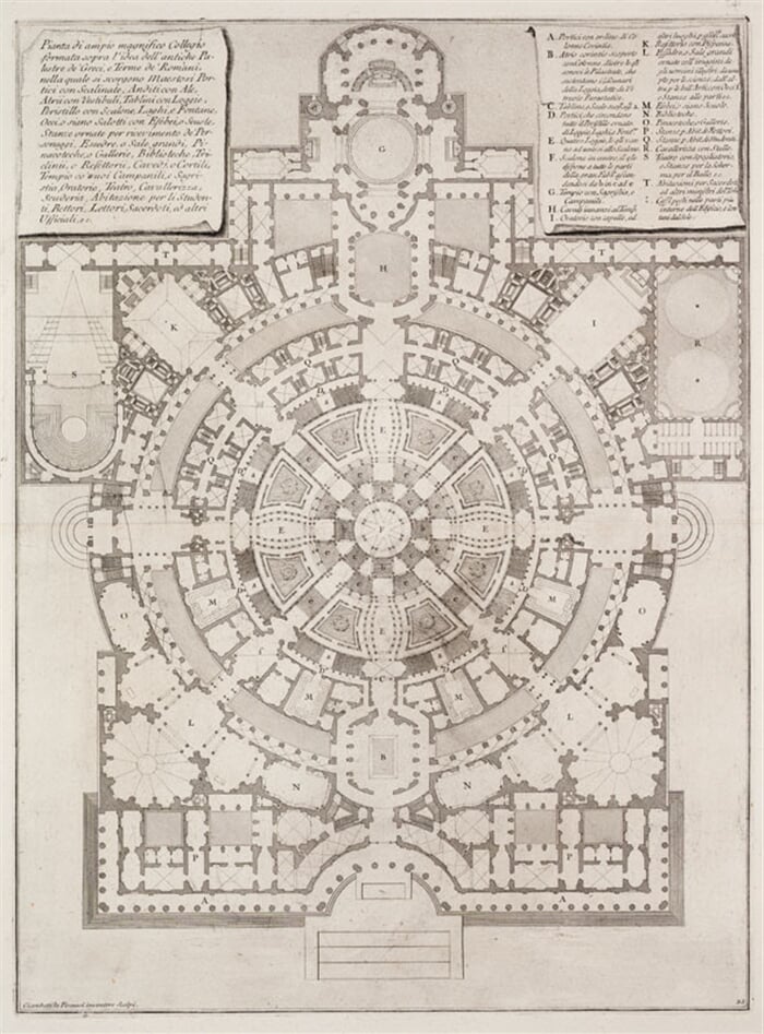 Půdorys rozlehlé a velkolepé akademie (Pianta di ampio magnifico Collegio), z cyklu Opere Varie di Architettura, tab. 22