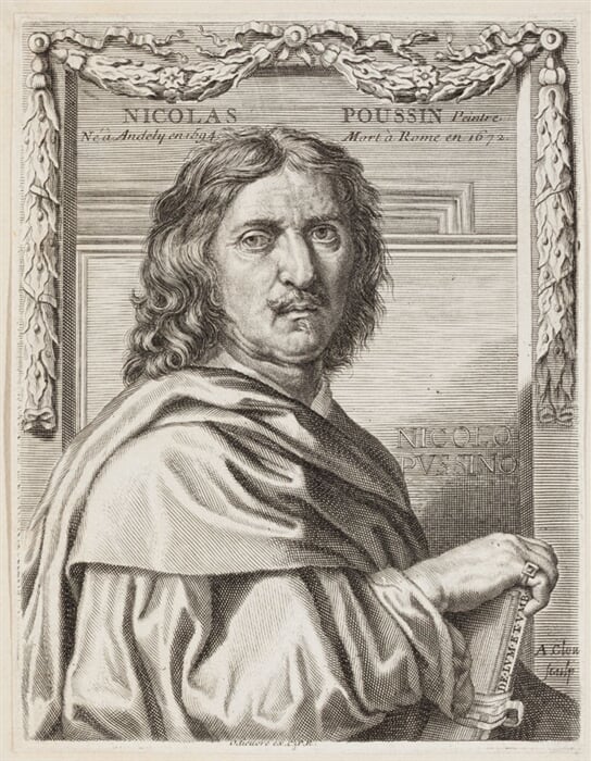 Nicolas Poussin podobizna z G. P. Bellori, Vite de’ pittori, scultori et architetti, Řím 1672