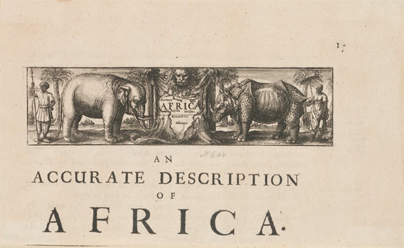 Viněta k úvodní stati knihy Africa Johna Ogilbyho s mapou Afriky