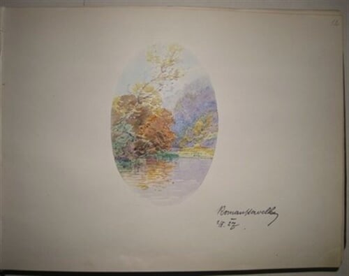 Album pamětních kreseb členů SVUM (133 listů). Kresba krajiny s podpisem R. Havelky/nevyužito