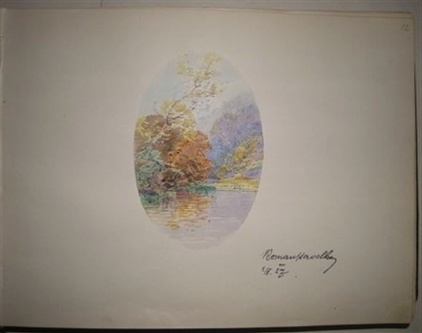 Album pamětních kreseb členů SVUM (133 listů). Kresba krajiny s podpisem R. Havelky/nevyužito
