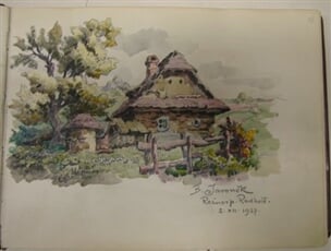 Album pamětních kreseb členů SVUM (133 listů). Kolorovaná kresba s podpisem B. Jaroňka/nevyužito