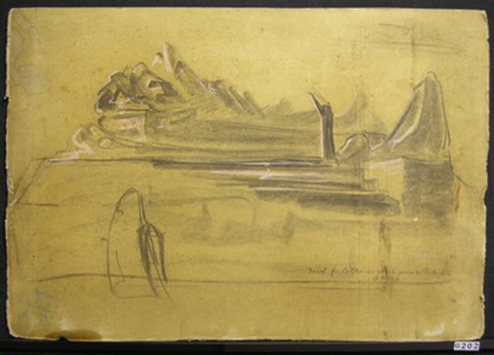 Náčrt návrhu na pomník V. Třebízského. 24.3.1904. ( Na rubu: 5 detailních studií )