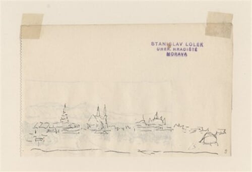 Adjustovaná kresba (přední strana listu: panoramatický pohled na město s četnými kostelnímy věžemi, zadní strana listu: panoramatický pohled na město s četnými kostelnímy věžemi