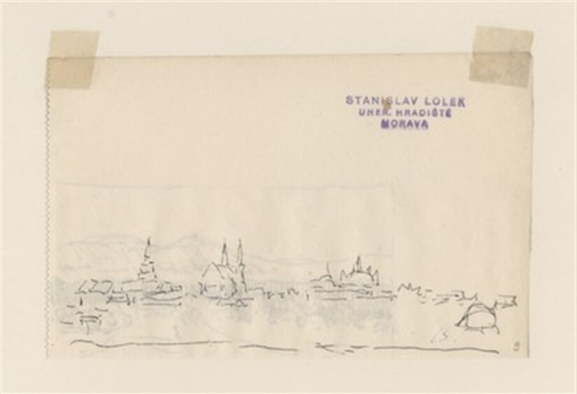 Adjustovaná kresba (přední strana listu: panoramatický pohled na město s četnými kostelnímy věžemi, zadní strana listu: panoramatický pohled na město s četnými kostelnímy věžemi