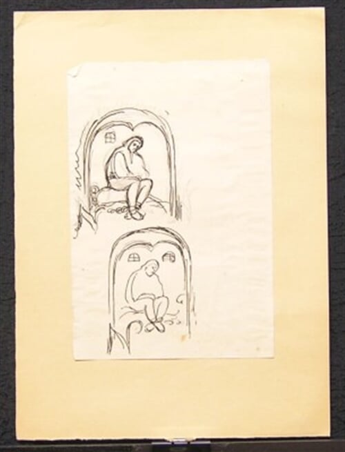 Průhled do vězeňské cely s vězněm sedícím na slamníku