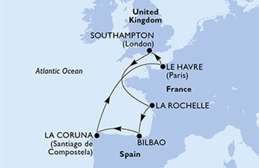 MSC Grandiosa - Velká Británie, Francie, Španělsko
