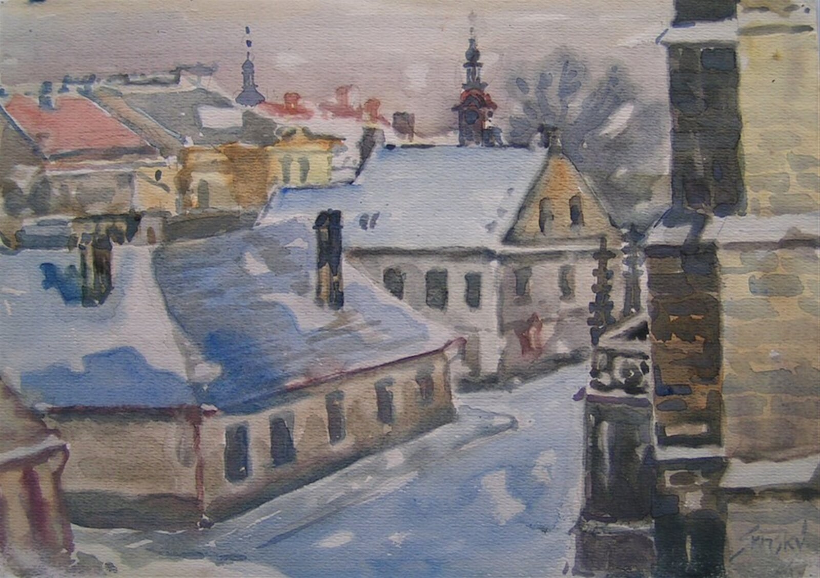 Alois Srnský: Náměstí O. Vaňorného v zimě, 22 × 30 cm