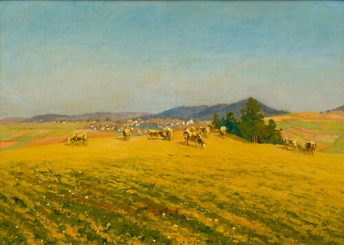 Letní krajina s pasoucími se kravkami