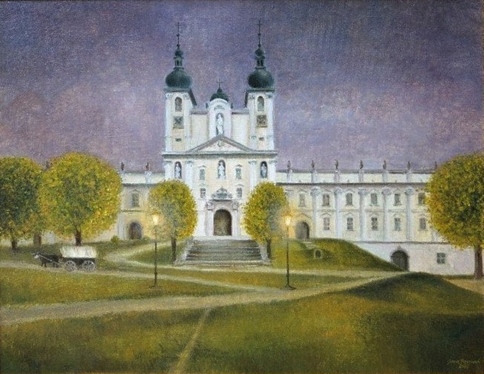 Jana Bayerová: Olomouc, Podvečer u Baziliky Nanebevzetí Panny Marie, 70 × 90 cm