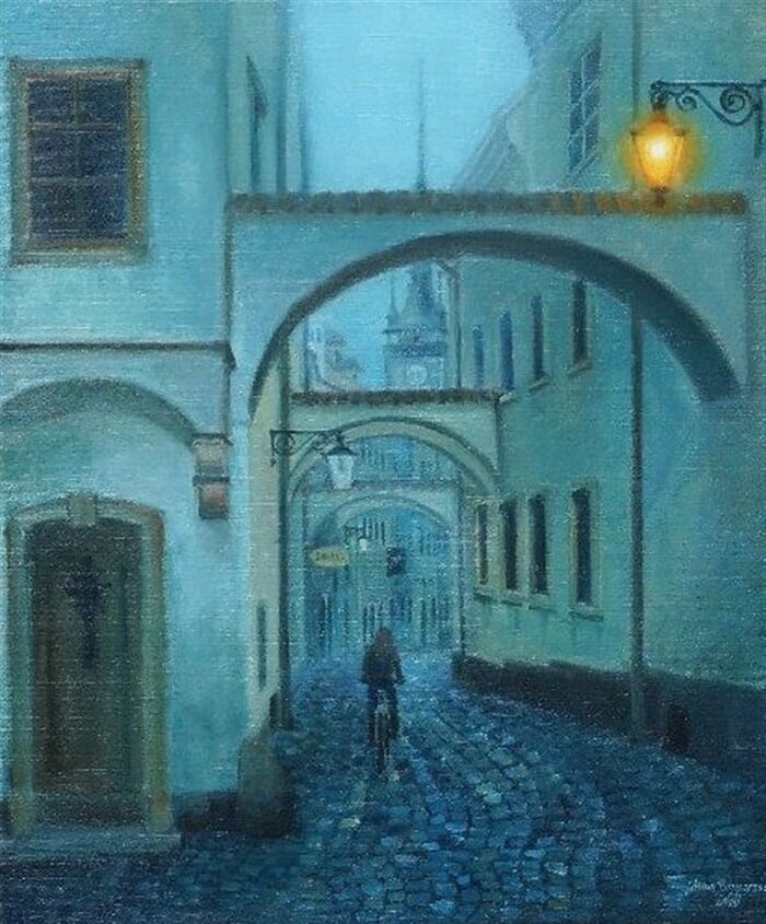 Olomouc, Nocturno ve Školní uličce, olej na plátně, 60 x 80 cm