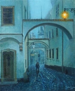 Olomouc, Nocturno ve Školní uličce, olej na plátně, 60 x 80 cm